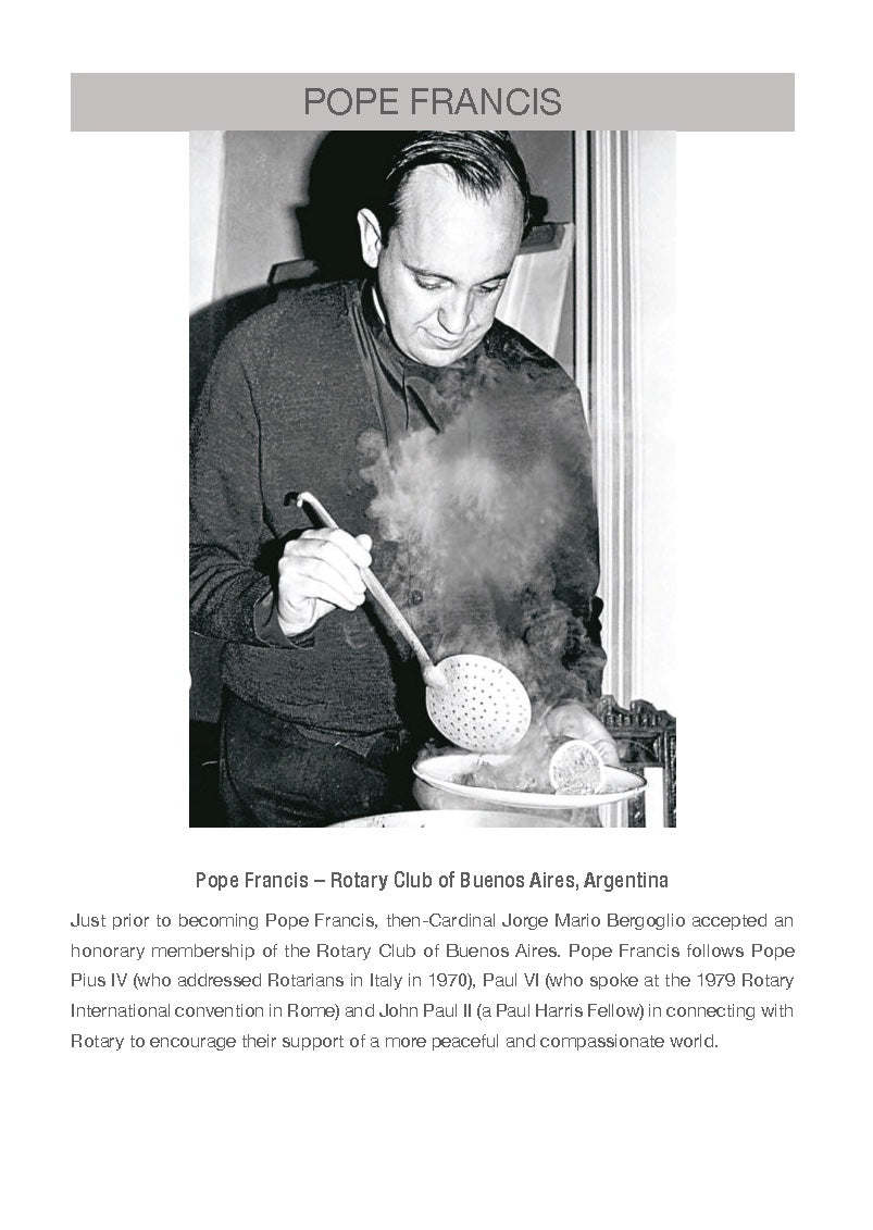 Pope Francis, an honorary member of the Rotary Club of Buenos Aires is shown cooking.