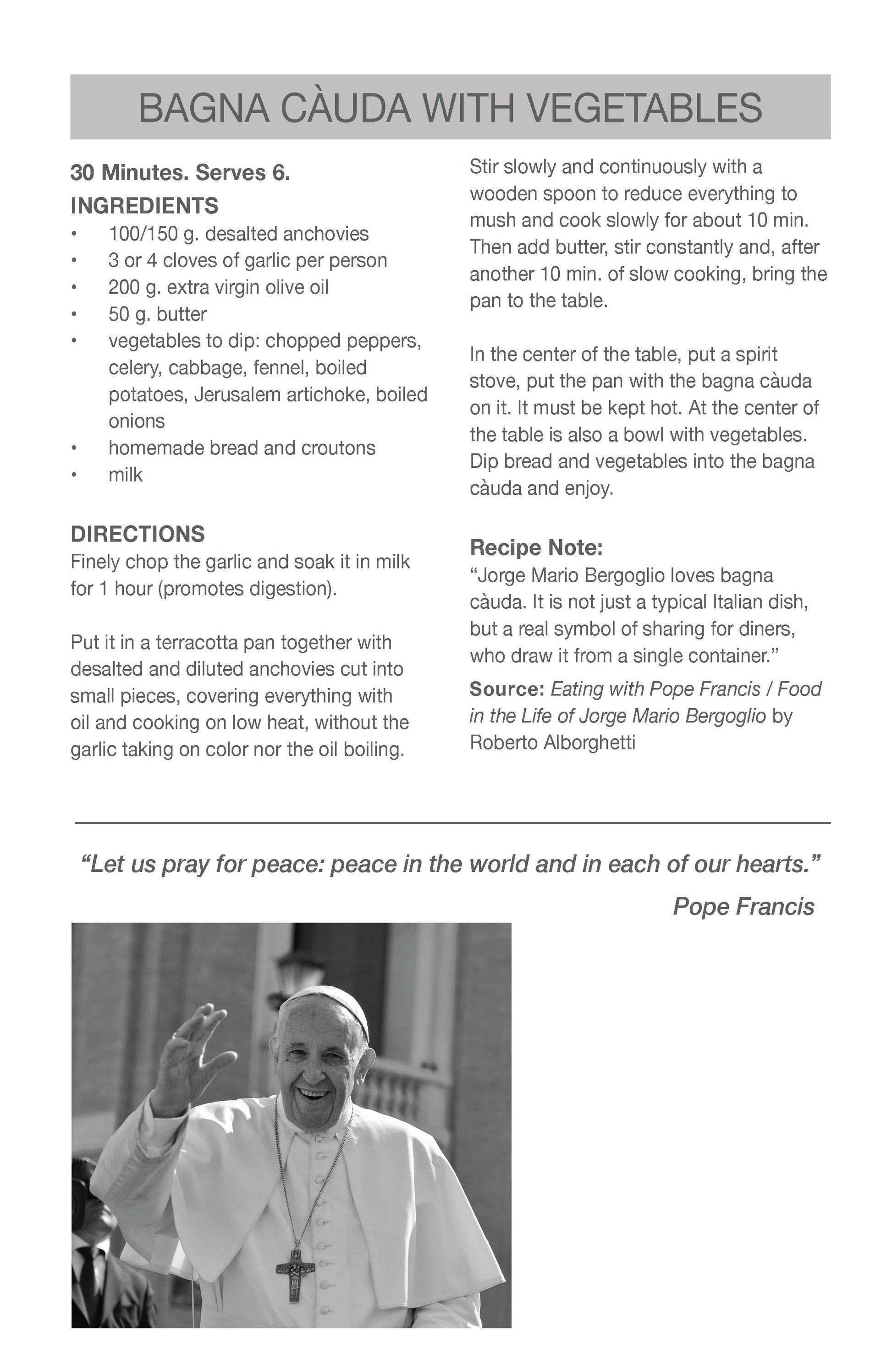 A page from the Rocky Point Rotary Cookbook with one of Pope Francis' favorite recipes Bagna Cauda with Vegetables. The page also features a quote about peace from Pope Francis.